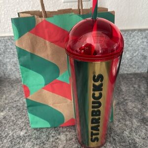 💚NWT❤️Starbucks 2024 Metallic Red, Green & Gold Stripe Cold Cup Dome Tumbler